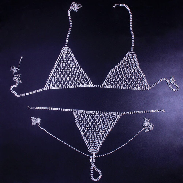 Silver Rhinestone Chain Mesh Bikini Set - Sexy Sparkly Bra & Thong Lingerie