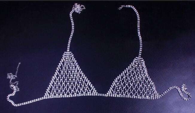Silver Rhinestone Chain Mesh Bikini Set - Sexy Sparkly Bra & Thong Lingerie