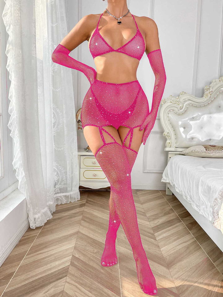 Sparkle Mesh Lingerie Set – Rhinestone Fishnet Bodysuit with Garter & Gloves