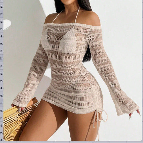 Sheer Off-Shoulder Striped Mini Dress - Sexy Long Sleeve Cover Up