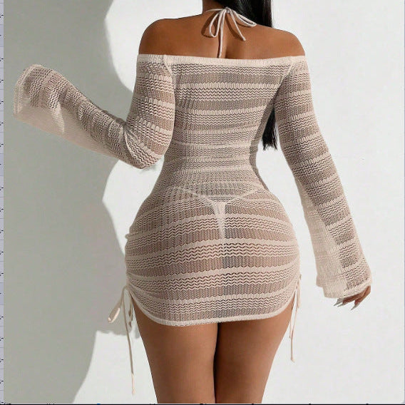 Sheer Off-Shoulder Striped Mini Dress - Sexy Long Sleeve Cover Up