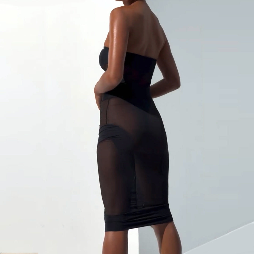 Strapless Sheer Mesh Panel Bodycon Dress - Sexy Sculpting Midi Dress