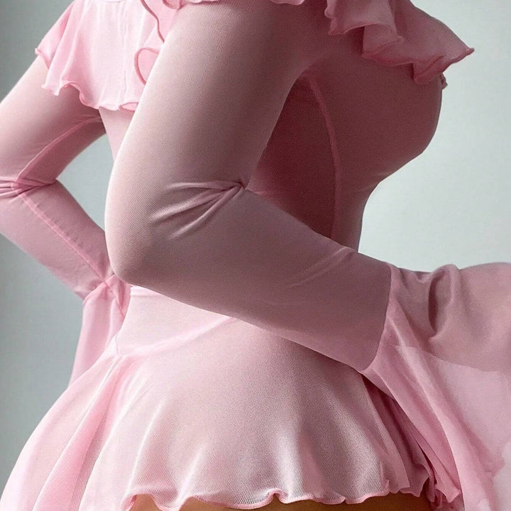 Off-Shoulder Ruffle Babydoll Bodysuit - Sexy Flared Sleeve Lingerie Dress