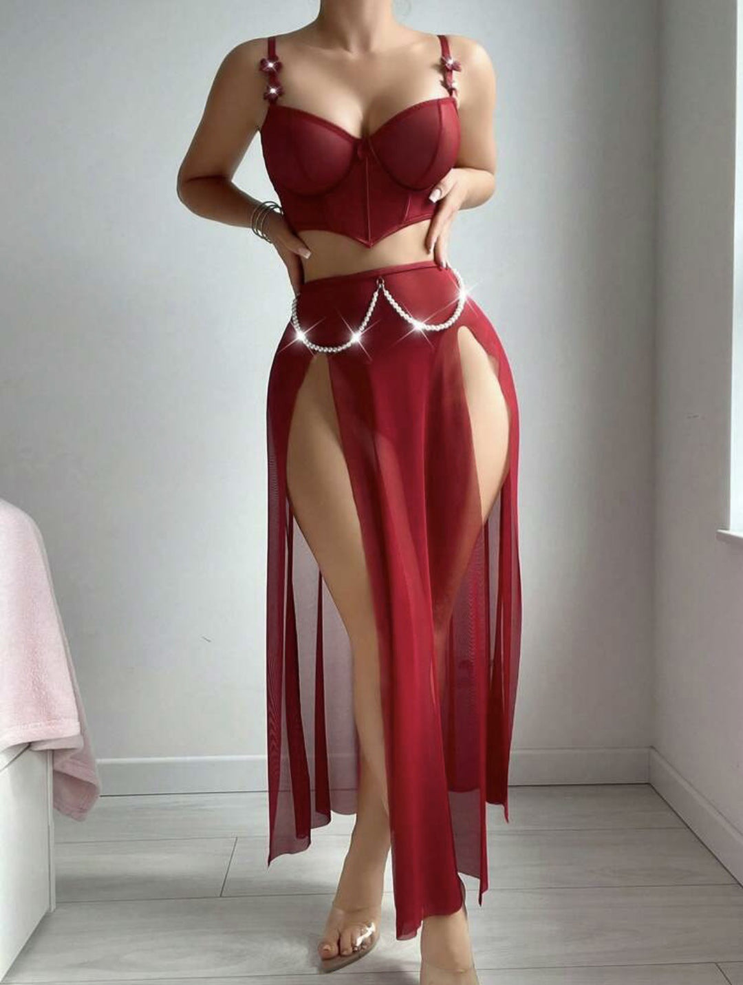 Sheer Mesh Garter Lingerie Set with Chain - Sexy High Split Bra & Skirt