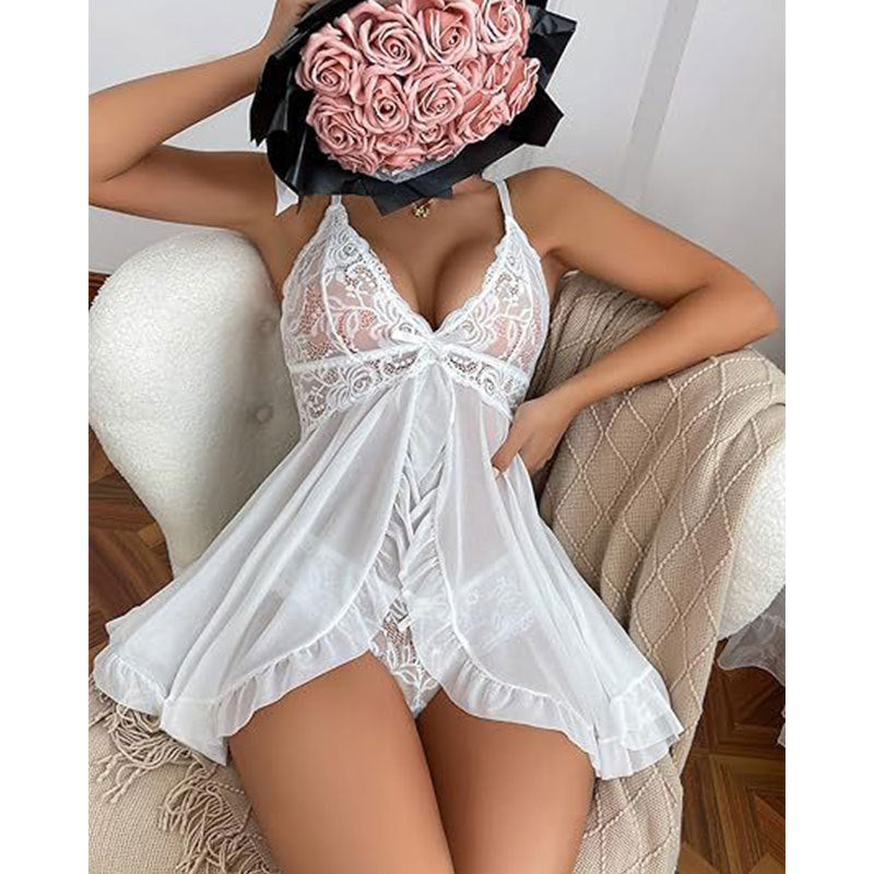 Lace Babydoll Lingerie Set - Sexy Sheer Ruffle Nightdress