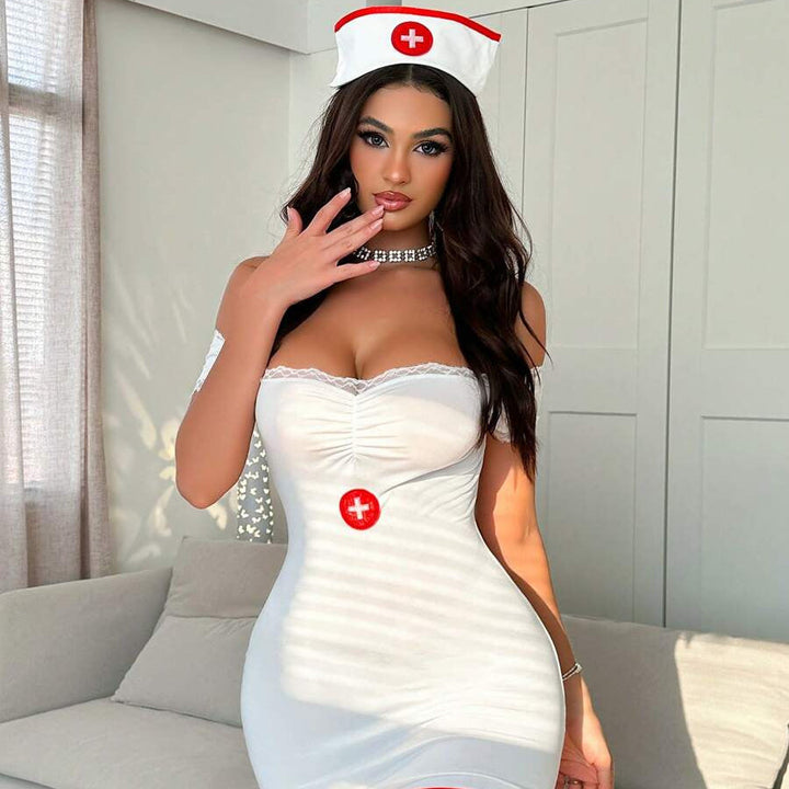 Sexy Nurse Cosplay Mini Dress - White Strapless Costume with Hat
