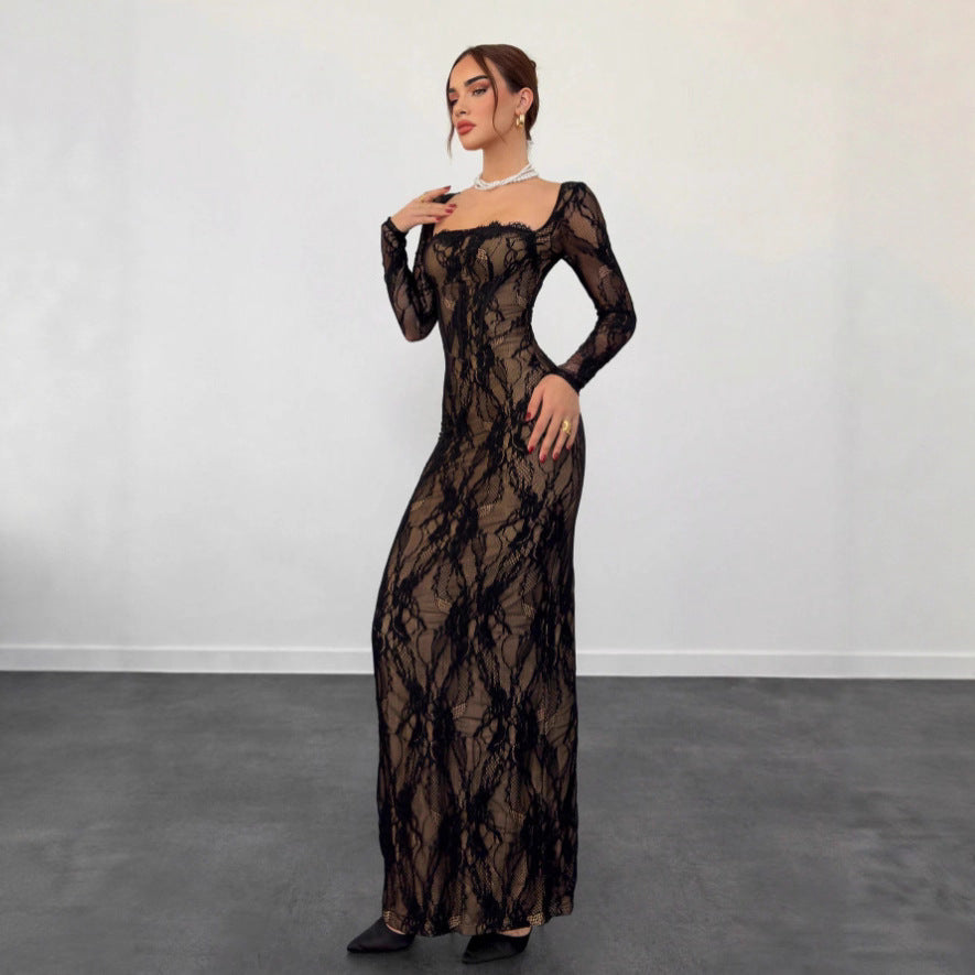 Sheer Floral Lace Maxi Dress - Sexy Long Sleeve Evening Gown