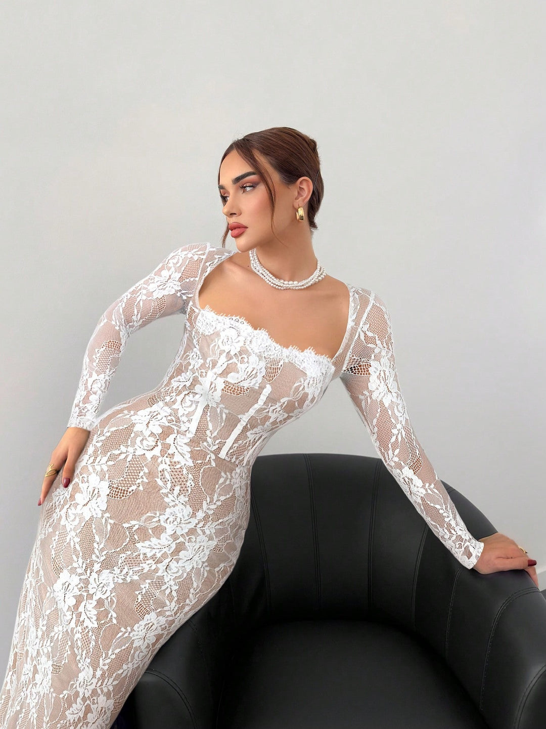 Sheer Floral Lace Maxi Dress - Sexy Long Sleeve Evening Gown