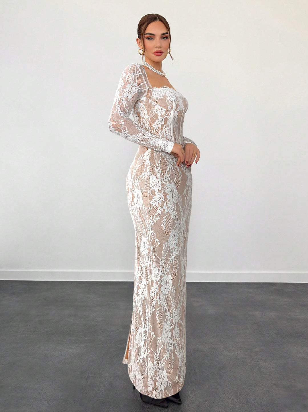 Sheer Floral Lace Maxi Dress - Sexy Long Sleeve Evening Gown