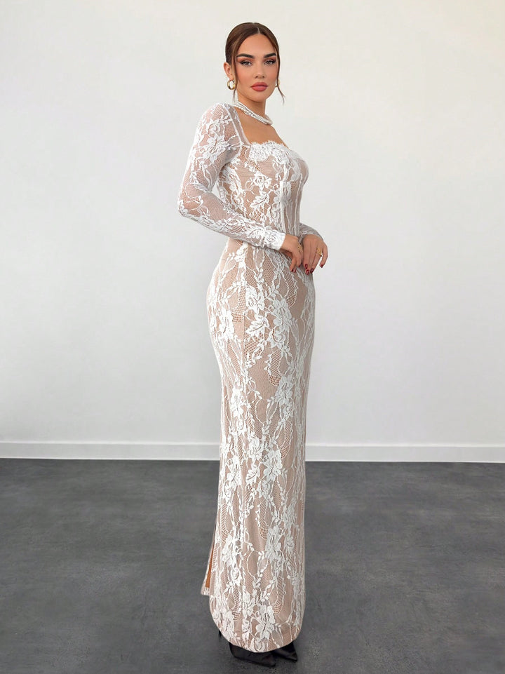 Sheer Floral Lace Maxi Dress - Sexy Long Sleeve Evening Gown