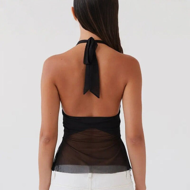 Cream Halter Keyhole Top with Crystal Embellishment - Sexy Flowy Asymmetrical Tank