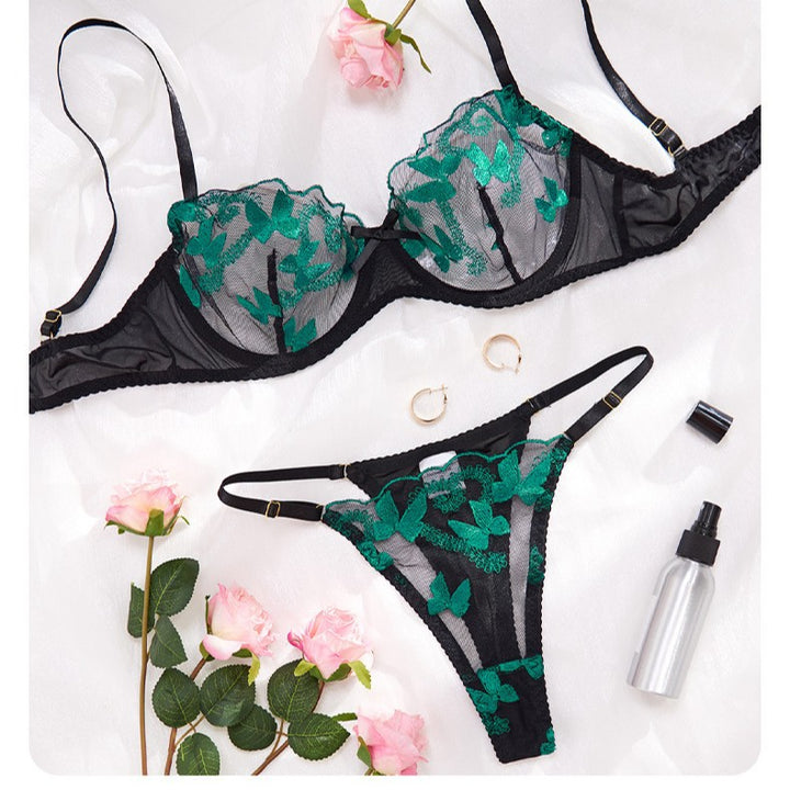 Black Green Butterfly Lace Lingerie Set - Sexy Sheer Mesh Bra & Thong