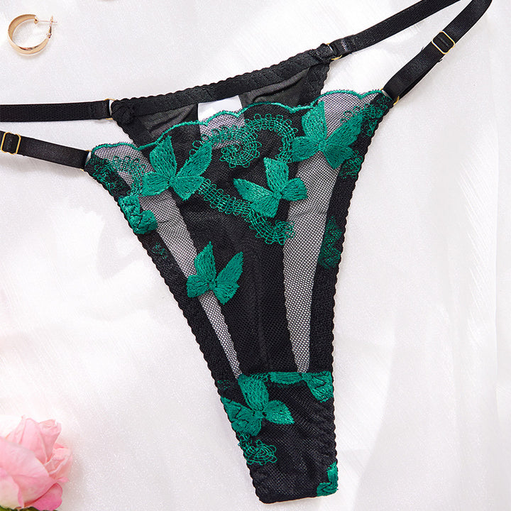 Black Green Butterfly Lace Lingerie Set - Sexy Sheer Mesh Bra & Thong