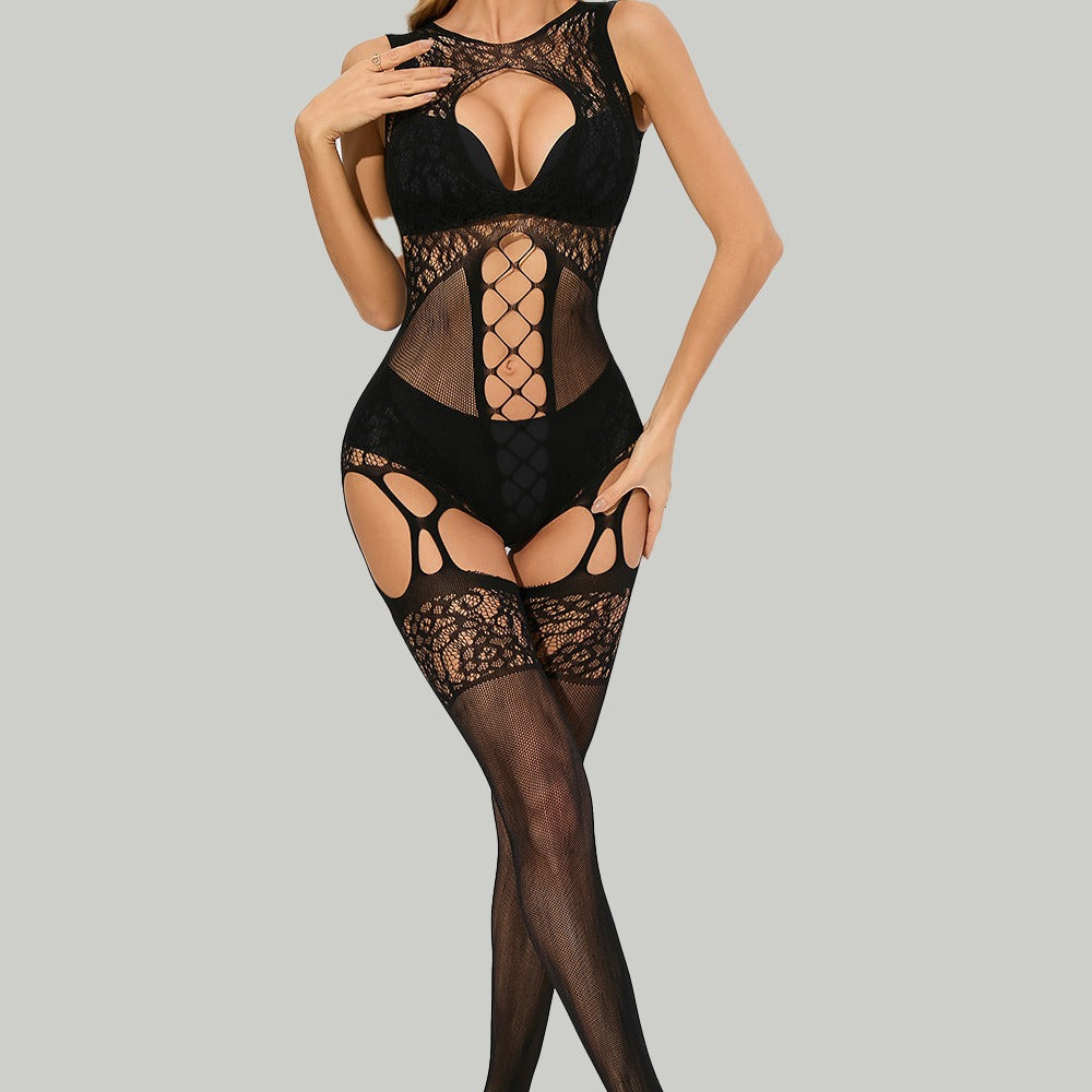 Black Lace Cut Out Bodysuit with Stockings - Sexy Criss Cross Mesh Teddy Lingerie