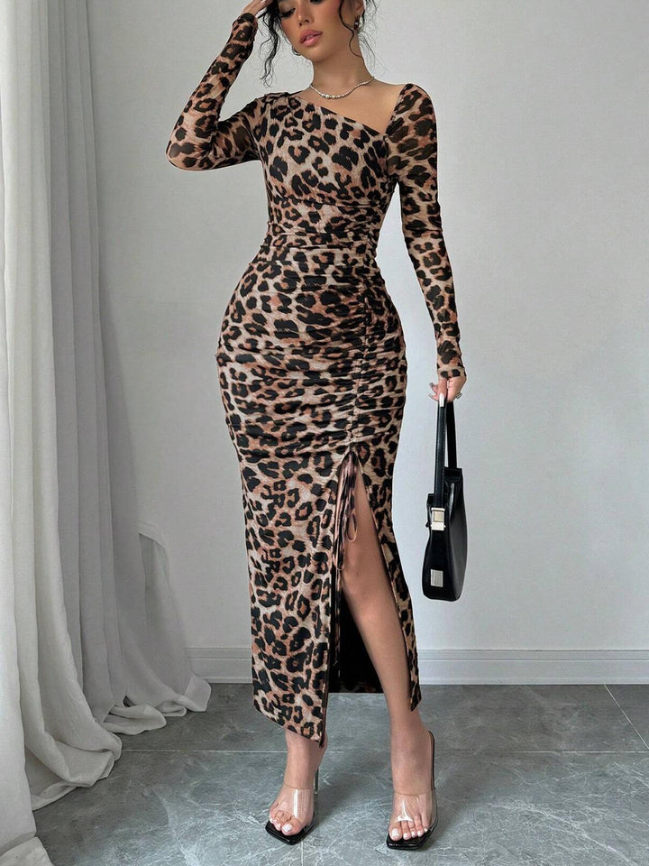 Leopard Print One Shoulder Ruched Maxi Dress - Sexy High Slit Long Dress
