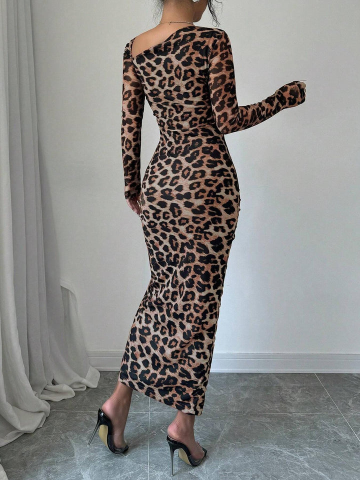 Leopard Print One Shoulder Ruched Maxi Dress - Sexy High Slit Long Dress