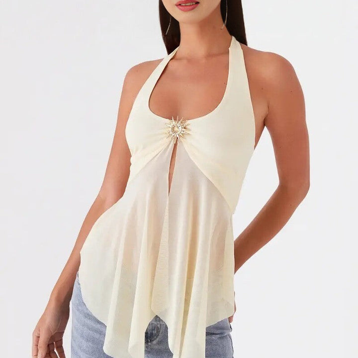 Cream Halter Keyhole Top with Crystal Embellishment - Sexy Flowy Asymmetrical Tank