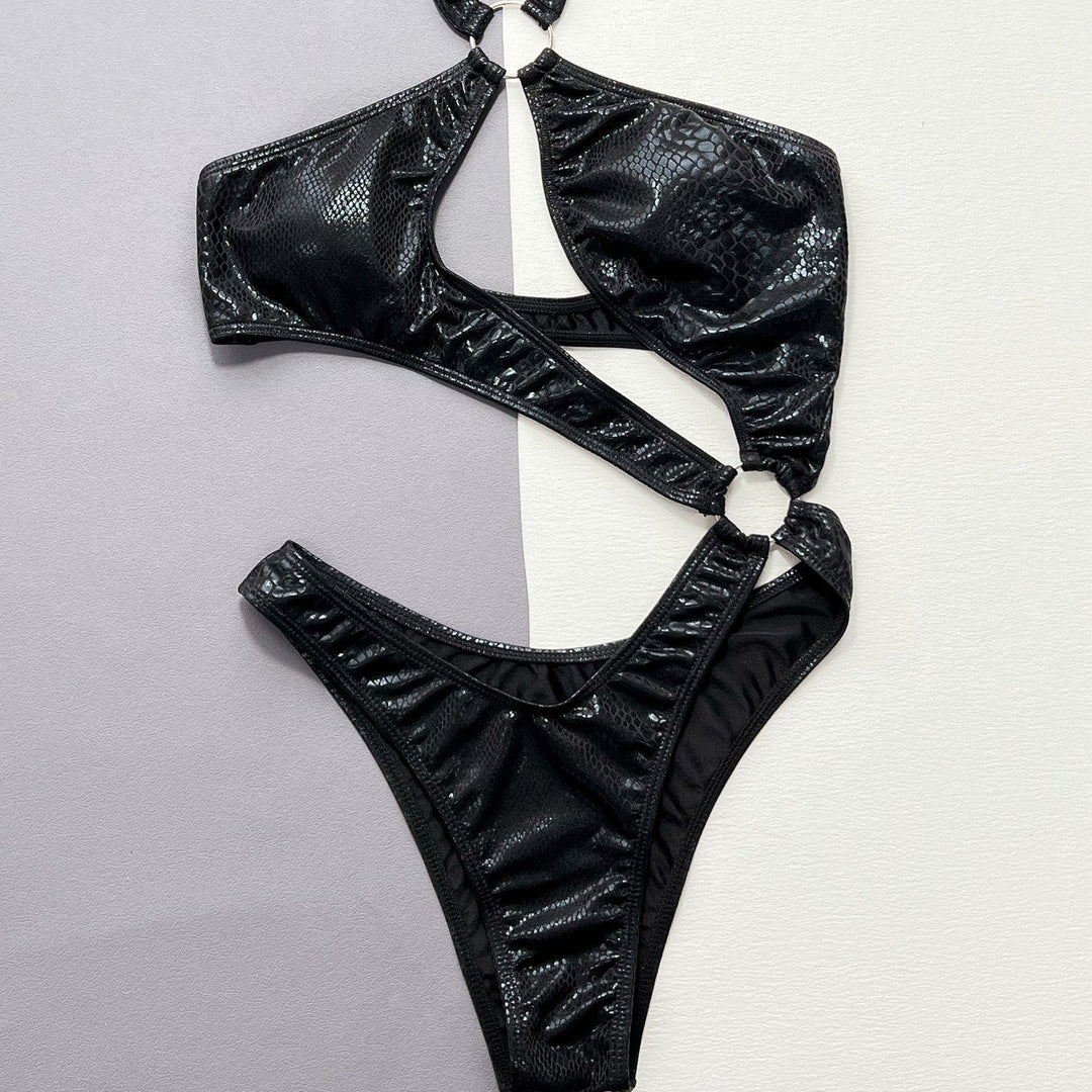 Black Shiny Cut Out Monokini - Sexy Deep V Halter One Piece Swimsuit