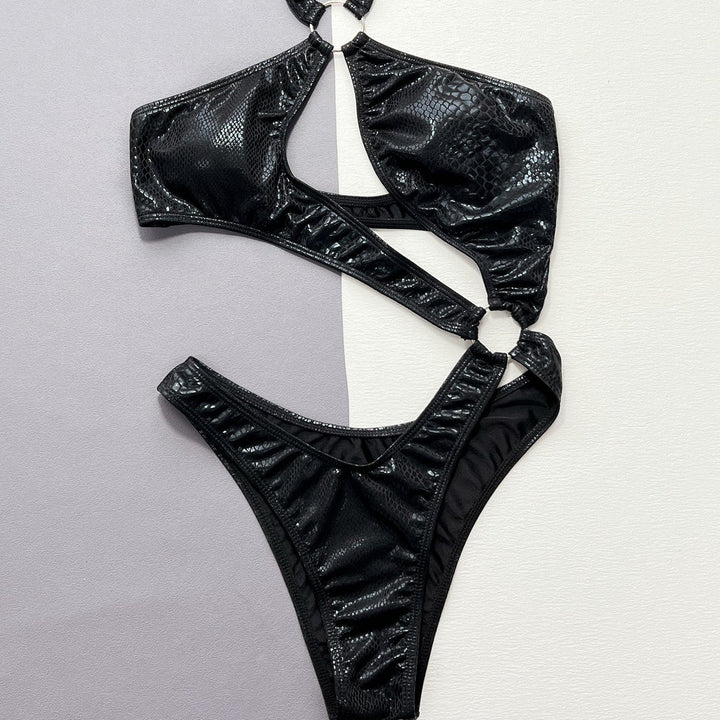 Black Shiny Cut Out Monokini - Sexy Deep V Halter One Piece Swimsuit