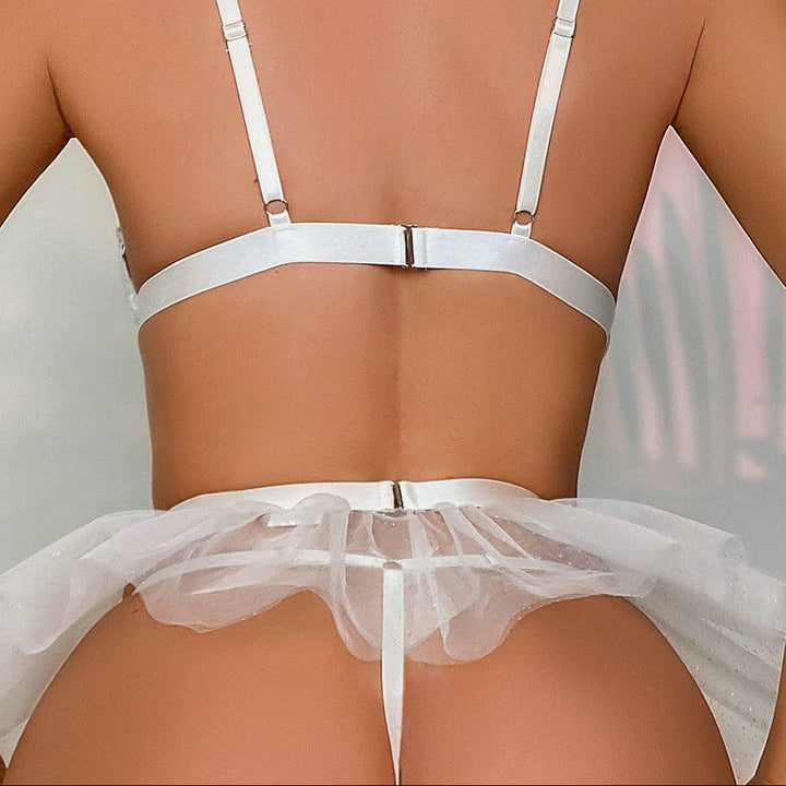 White Lace Angel Wing Lingerie Set - Sexy Strappy Garter Teddy