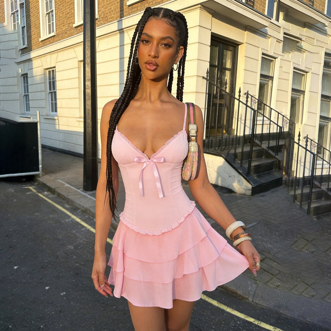 Pink Corset Babydoll Mini Dress - Sexy Ruffle Hem Lingerie Dress