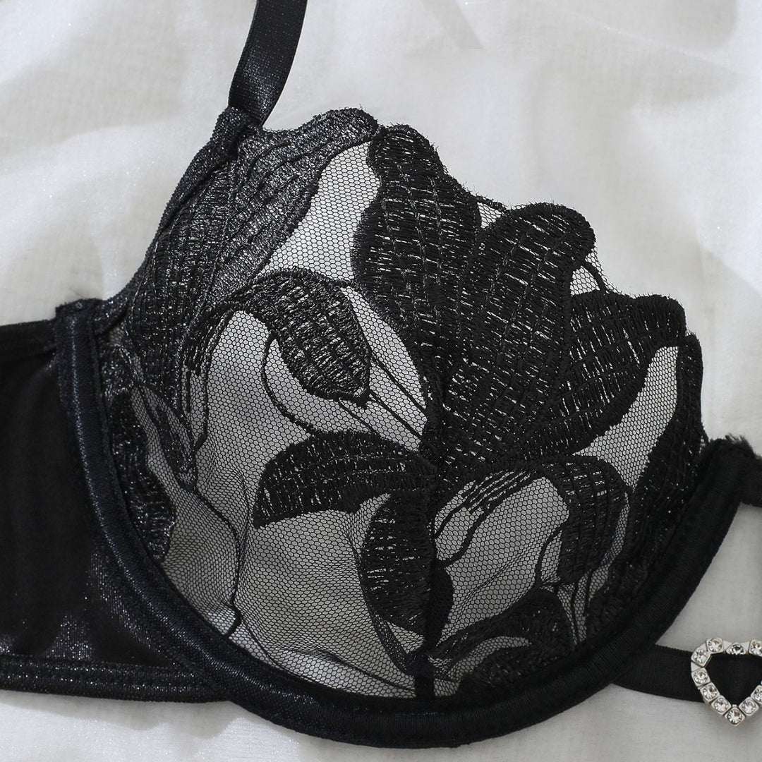 Satin Floral Lace Lingerie Set - Sexy Push Up Bra & Panty