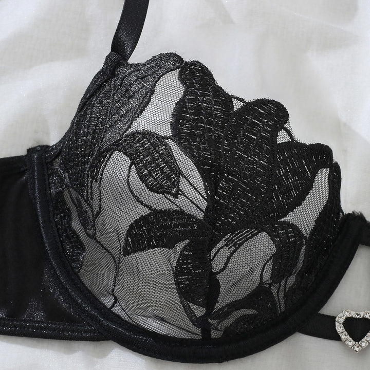 Satin Floral Lace Lingerie Set - Sexy Push Up Bra & Panty