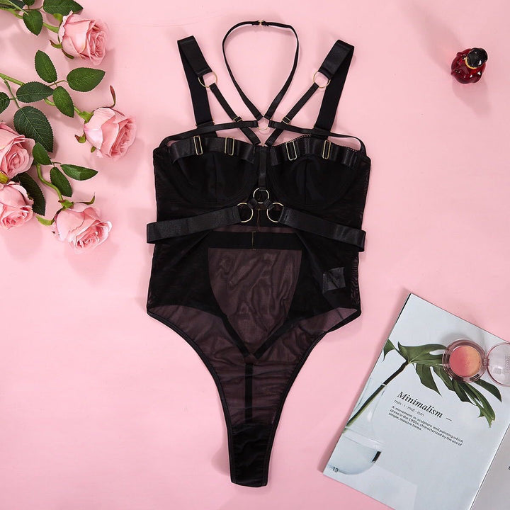 Strappy Mesh Bodysuit with Gold Ring Accents – Bold & Seductive