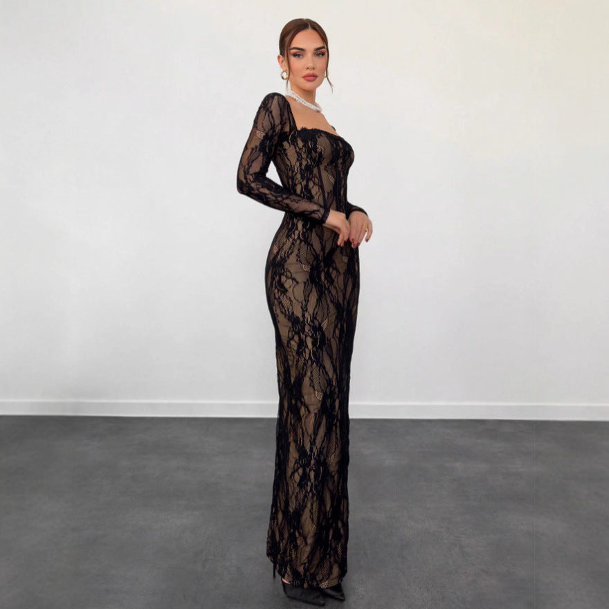 Sheer Floral Lace Maxi Dress - Sexy Long Sleeve Evening Gown