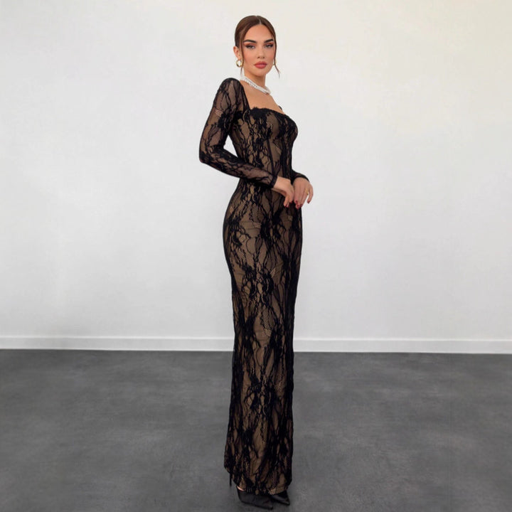 Sheer Floral Lace Maxi Dress - Sexy Long Sleeve Evening Gown