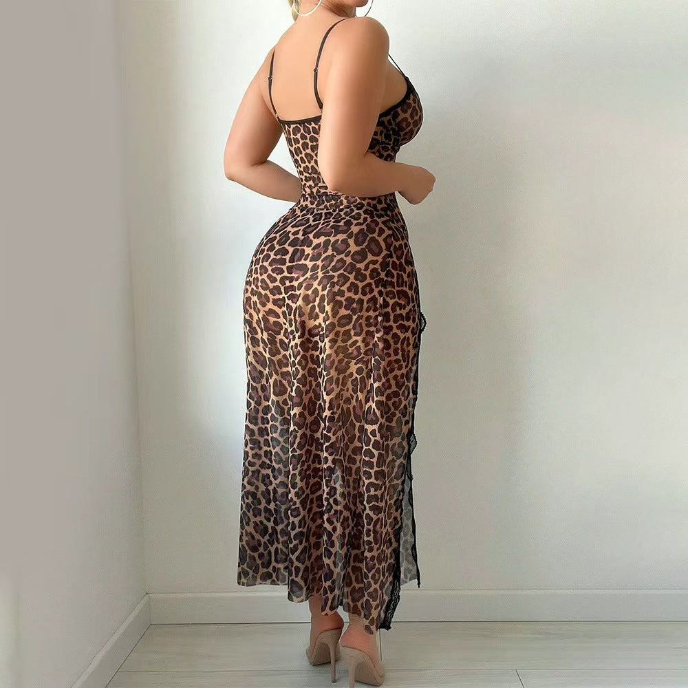 🔥Leopard Lace Mesh Dress – Seductive Bodycon Lingerie Gown