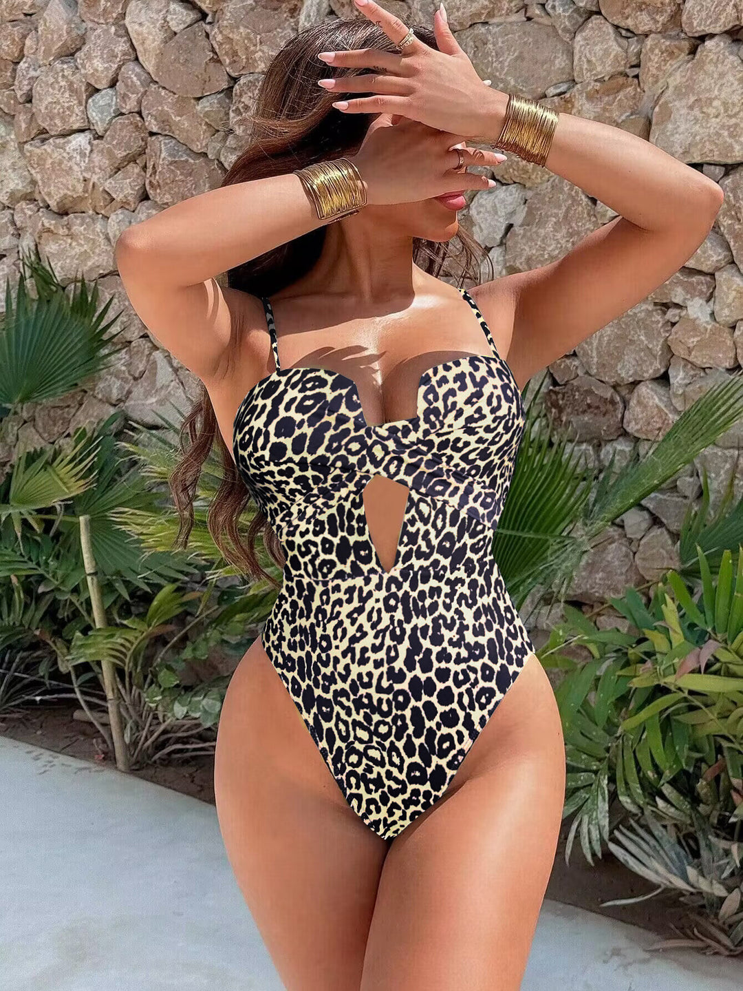 Textured Cutout One Piece Swimsuit - Sexy High Cut Halter Monokini
