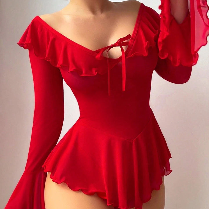 Off-Shoulder Ruffle Babydoll Bodysuit - Sexy Flared Sleeve Lingerie Dress