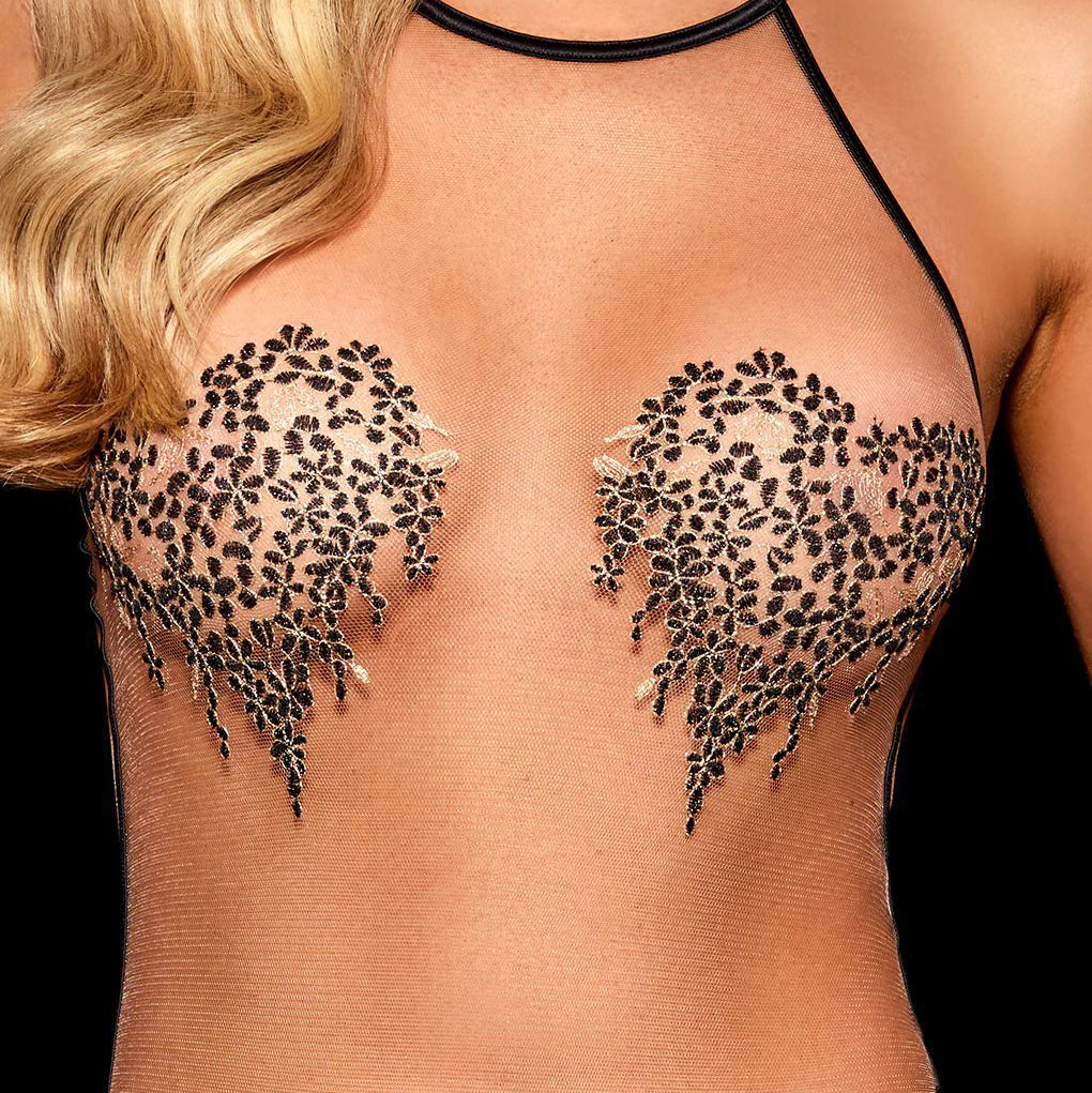 Black Sheer Heart Leopard Lace Bodysuit - Sexy Halter Cut Out Teddy Lingerie
