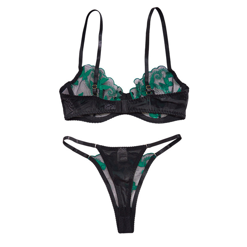 Black Green Butterfly Lace Lingerie Set - Sexy Sheer Mesh Bra & Thong