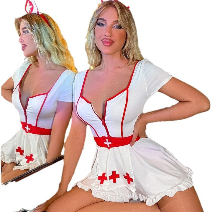 Sexy White Red Cross Nurse Costume - Zip Front Short Sleeve Nurse Outfit