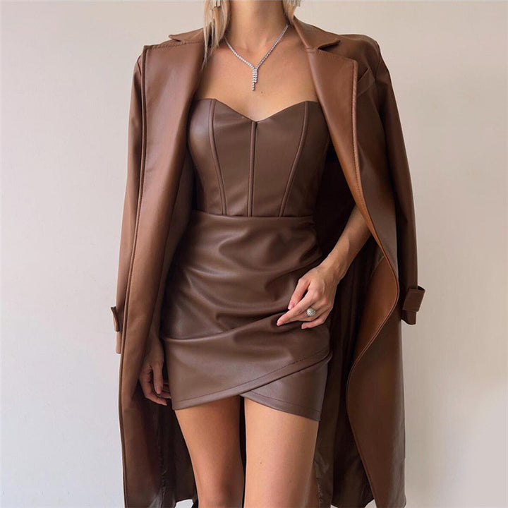 Strapless Faux Leather Corset Mini Dress - Sexy Ruched Bodycon Party Dress