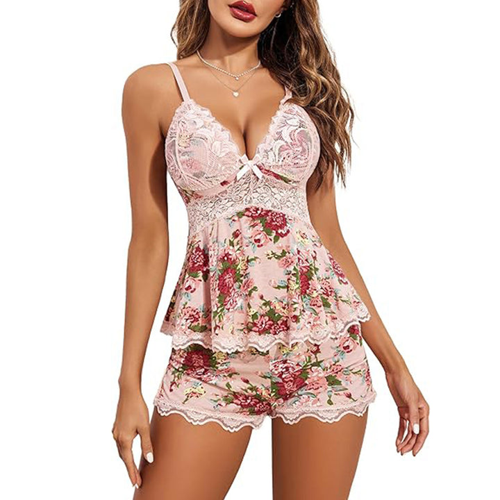 Pink Floral Lace Babydoll Lingerie Set - Sexy Deep V Ruffle Shorts Pajama