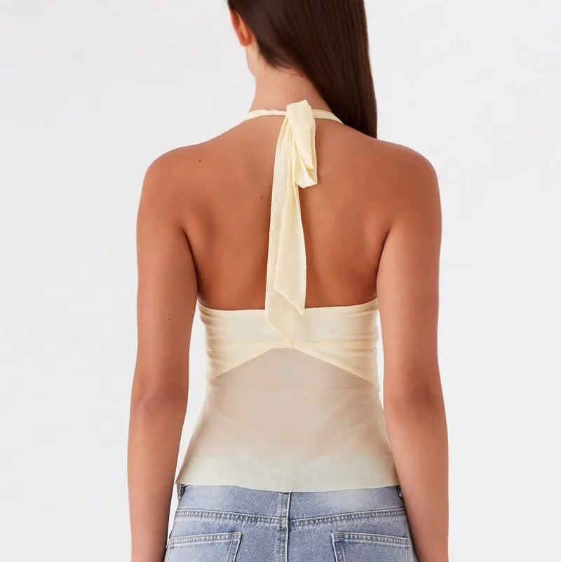 Cream Halter Keyhole Top with Crystal Embellishment - Sexy Flowy Asymmetrical Tank