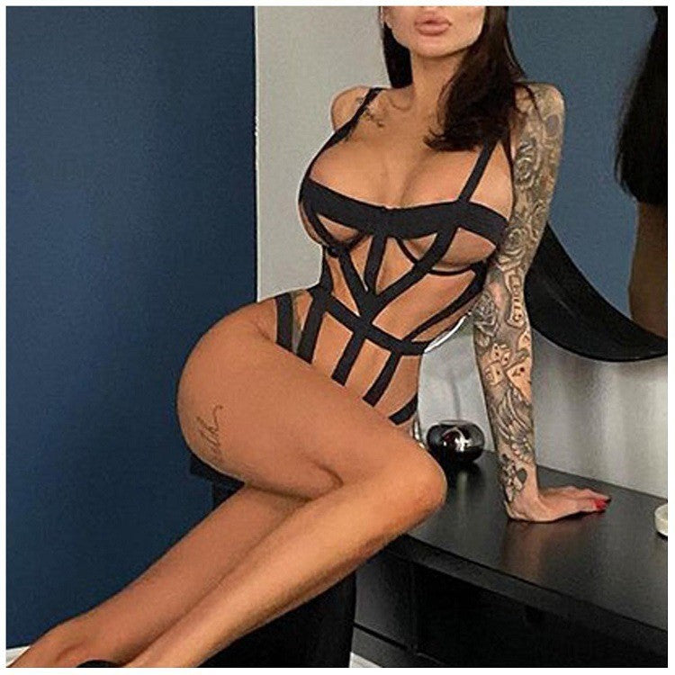Sexy Black Strappy Harness Cage Bodysuit - Cut Out Bandage Clubwear Top
