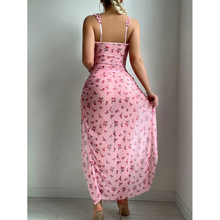 Pink Floral Print Ruched High Slit Maxi Dress - Sexy Sheer Mesh Bodycon Gown