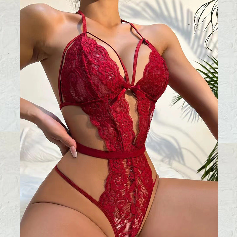 Black Floral Lace Criss Cross Cut Out Bodysuit - Sexy Deep V Teddy Lingerie
