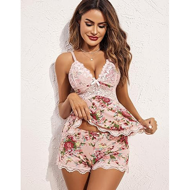 Pink Floral Lace Babydoll Lingerie Set - Sexy Deep V Ruffle Shorts Pajama