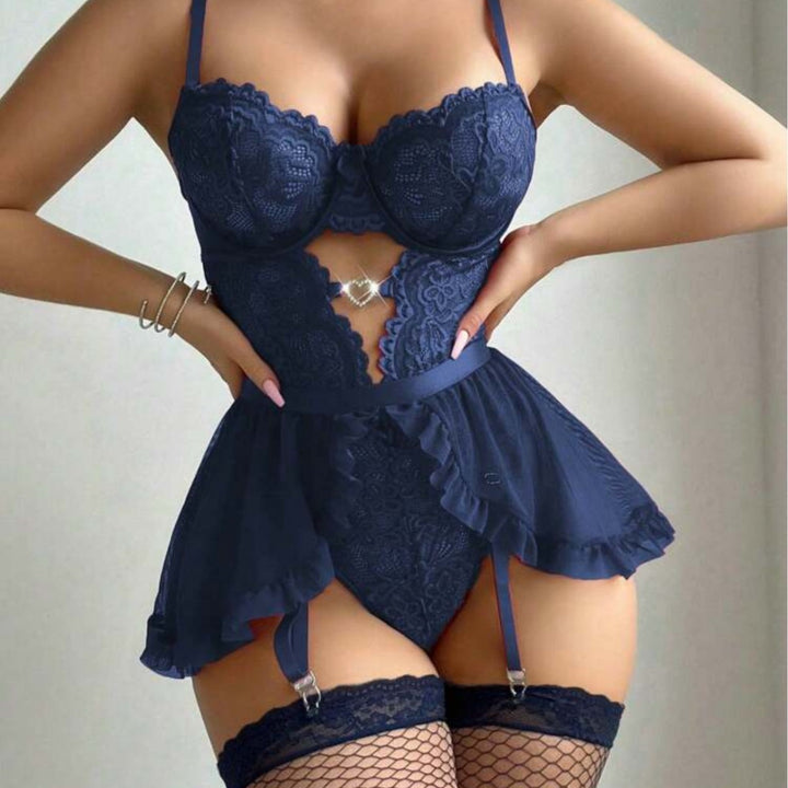 Floral Lace Garter Babydoll Lingerie Set - Sexy Push Up Corset Teddy