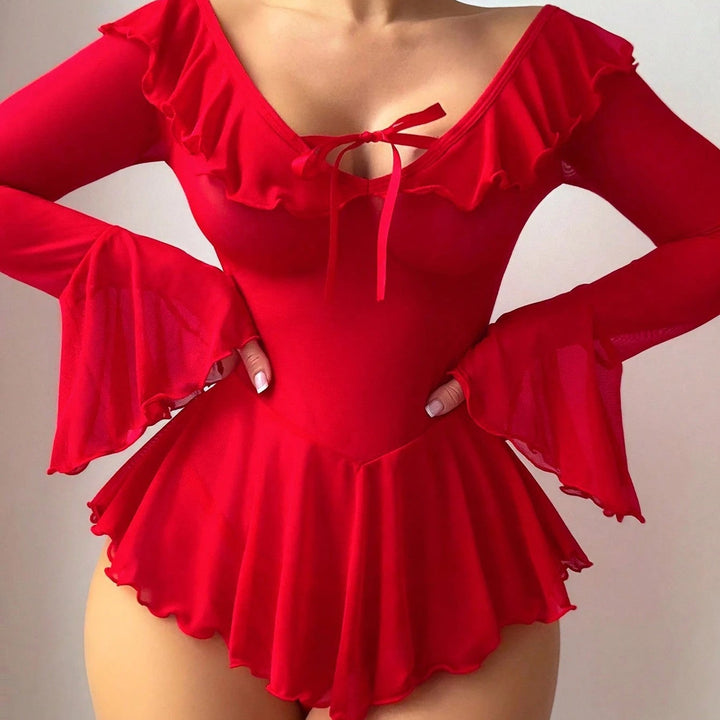 Off-Shoulder Ruffle Babydoll Bodysuit - Sexy Flared Sleeve Lingerie Dress
