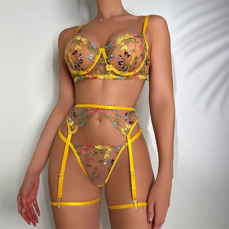 Floral Embroidered Lace Garter Lingerie Set – Sexy Two-Piece Outfit