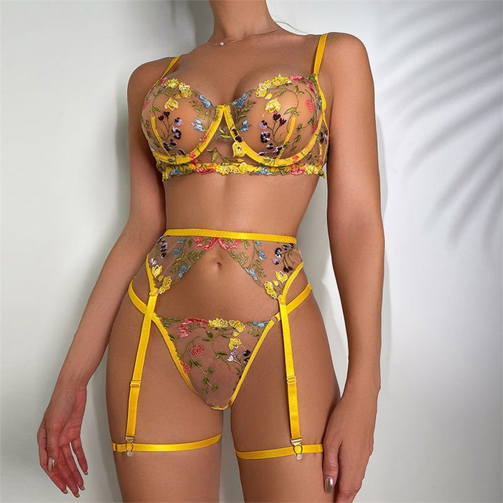 Floral Embroidered Lace Garter Lingerie Set – Sexy Two-Piece Outfit