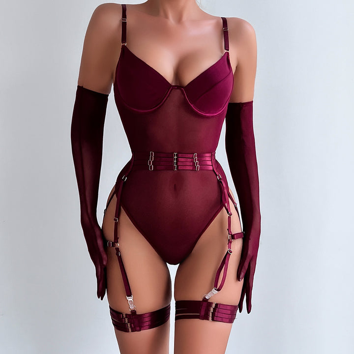 Luxury High-End Sexy Lingerie Strappy Patchwork Slim-Fit Bodysuit With Gloves Three-Piece Set