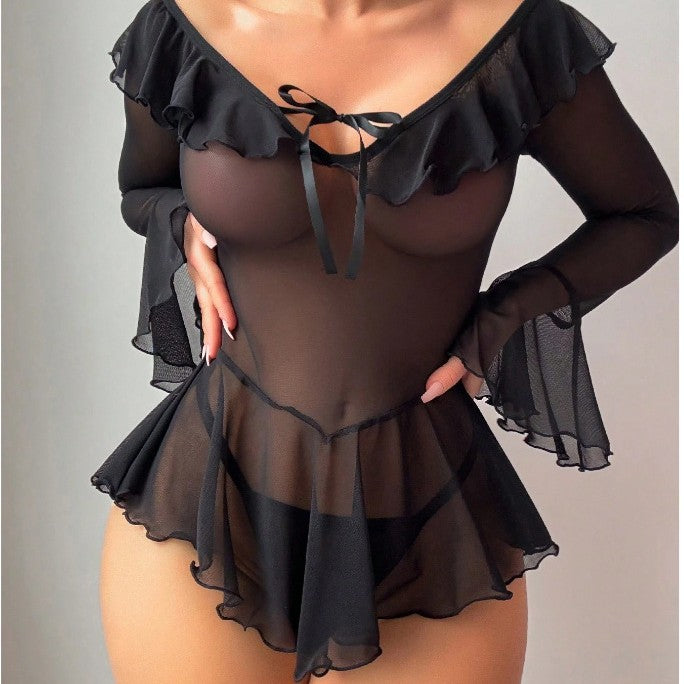Sexy Sheer Mesh Off-Shoulder Bell Sleeve Lingerie Dress