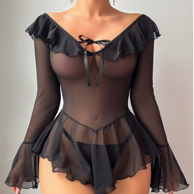 Sexy Sheer Mesh Off-Shoulder Bell Sleeve Lingerie Dress